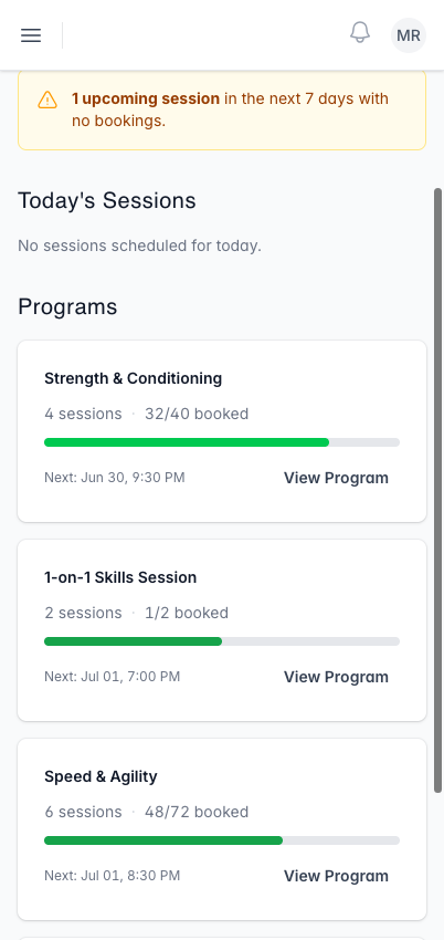 Programs dashboard with booking fill rates