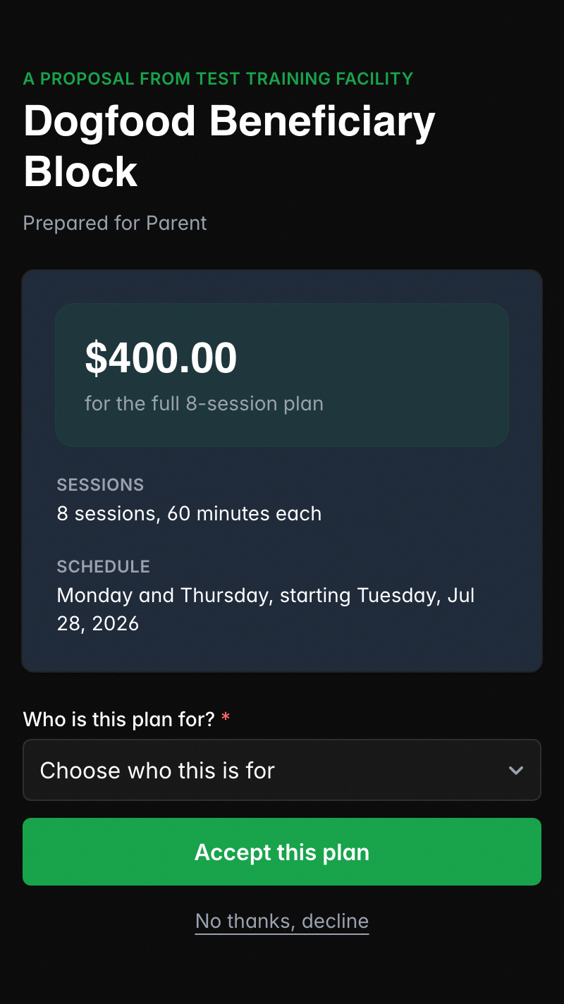 The plan offer page showing the price, the sessions, and the Accept this plan button